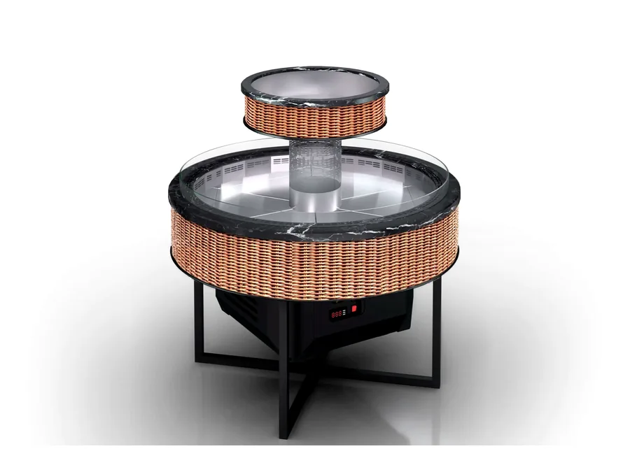 Îlot rotonde en bois pour épicerie fine Évron
