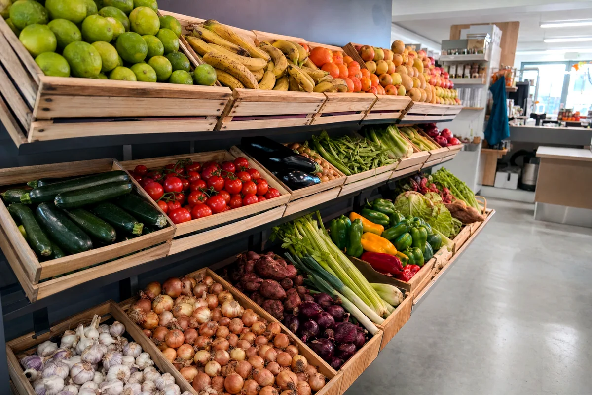 meuble fruits et legumes en magasin