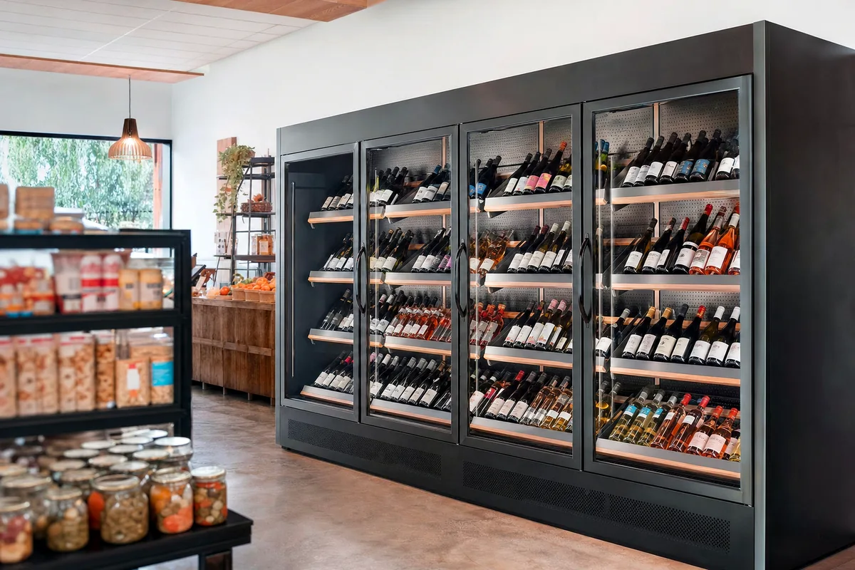 meuble réfrigéré a bouteilles en magasin